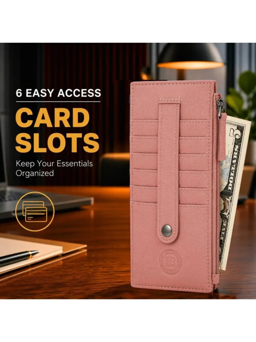 Slim Leather Card Case Holder Wallet with Protection Strap - Peach Color